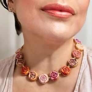 Stunning Handpainted Pink & Red Roses On Clay In Rustic Artisan Necklace​